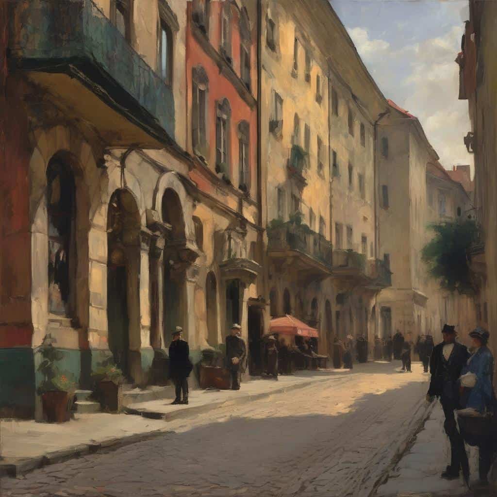 παραδοσιακή ευρωπαϊκή πόλη σε πίνακα ζωγραφικής, σύγχρονη τέχνη, επιρροές από την ιστορία της τέχνης.