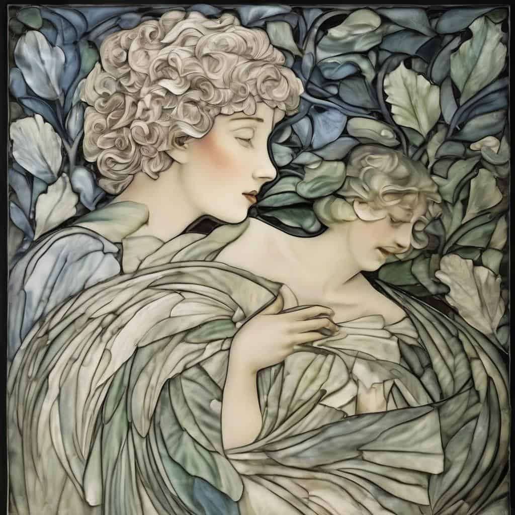 Λιθογραφία με επίδραση στην τέχνη σήμερα, δύο γυναικείες φιγούρες πάνω σε φόντο φύλλων.